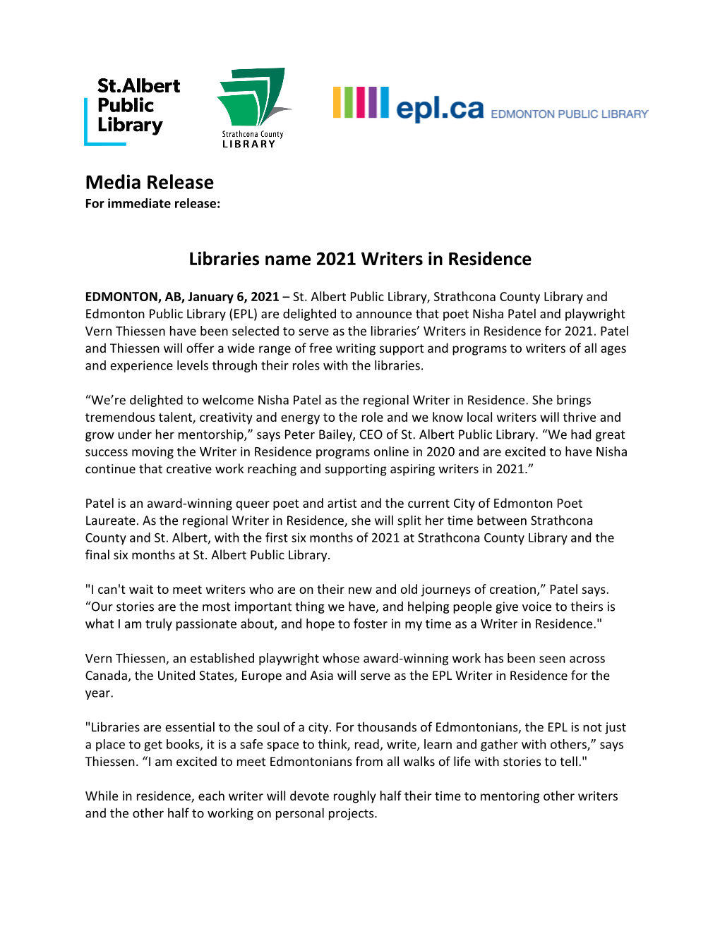 Libraries Announce 2021 Writers in Residence