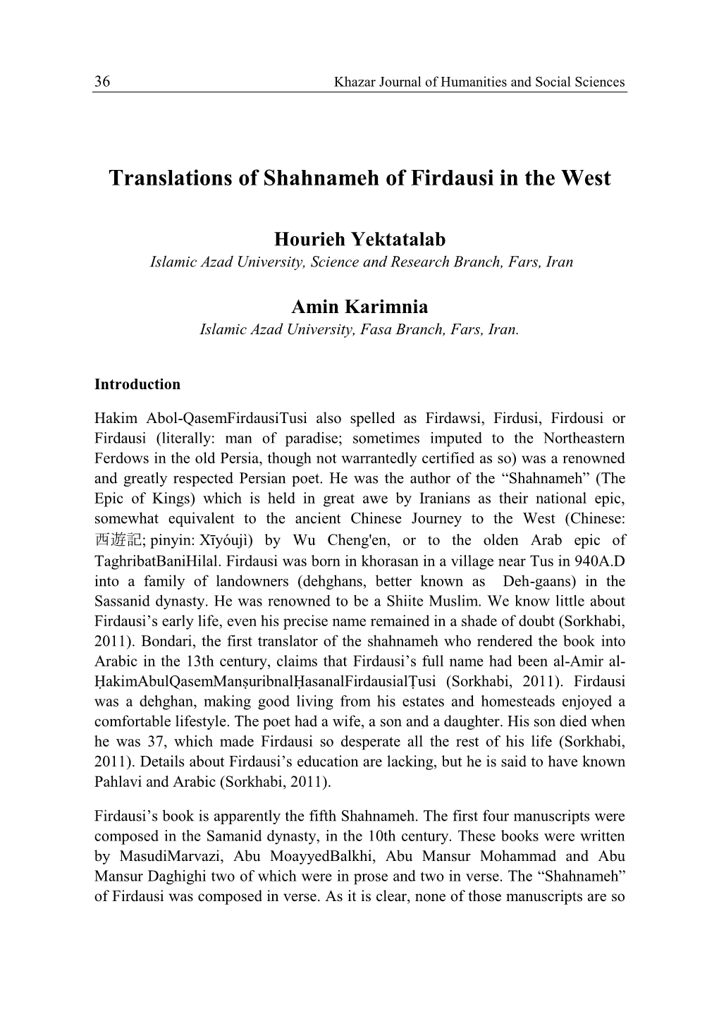 Translations of Shahnameh of Firdausi in the West