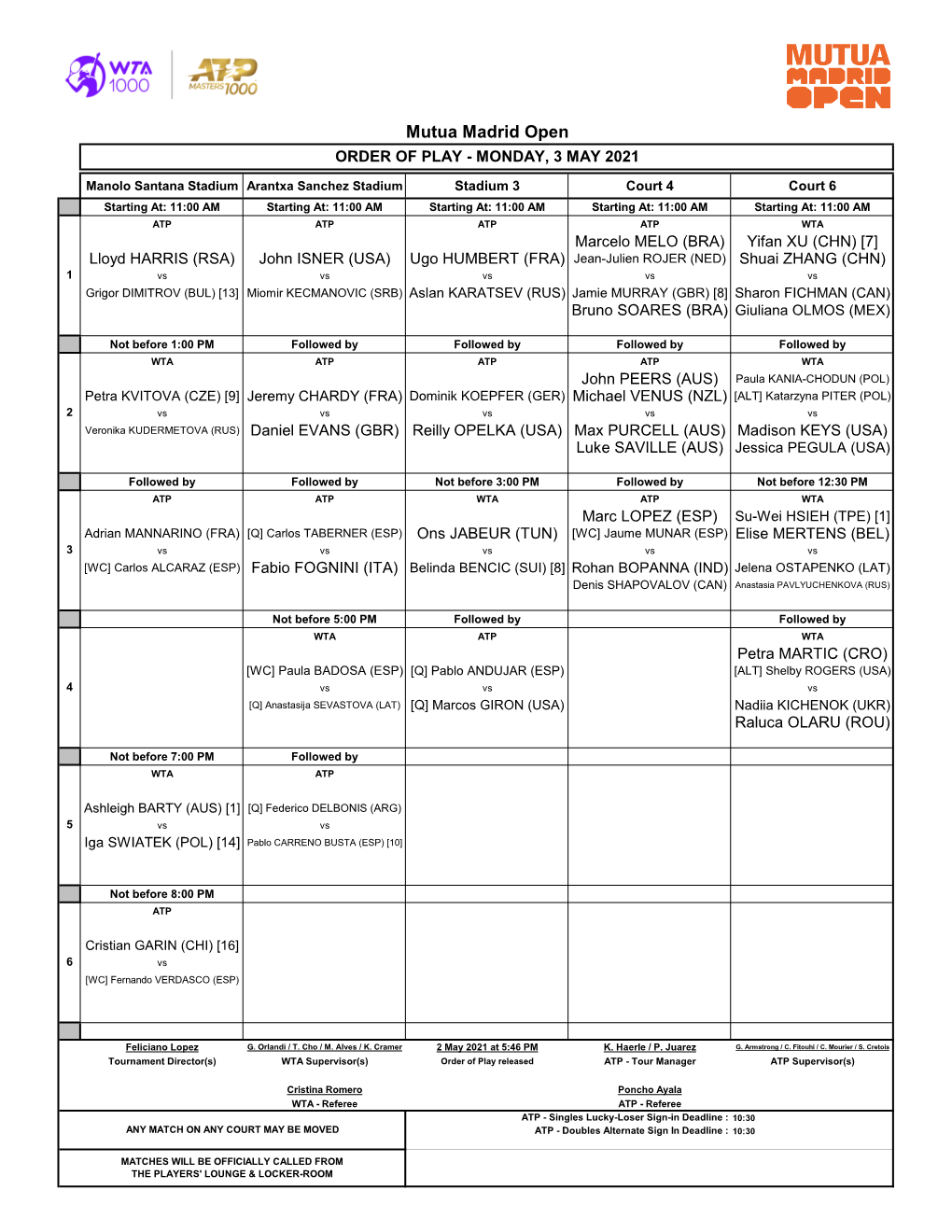 Mutua Madrid Open ORDER of PLAY - MONDAY, 3 MAY 2021