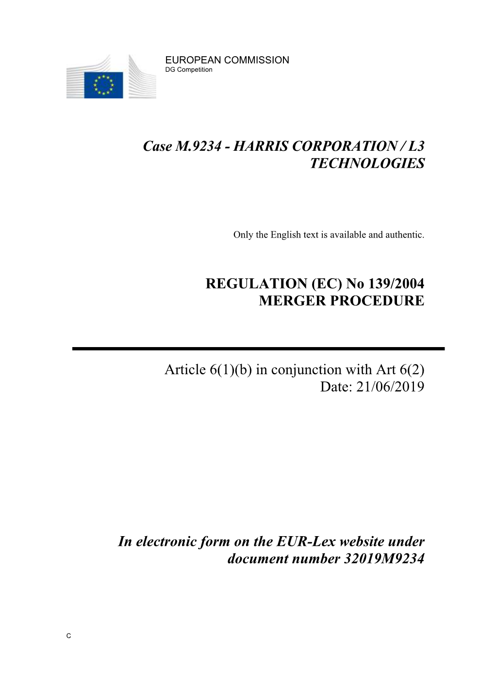 Case M.9234 - HARRIS CORPORATION / L3 TECHNOLOGIES