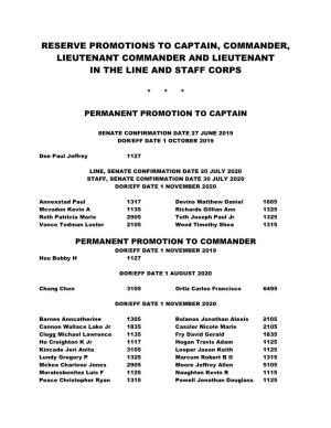 Reserve Promotions to Captain, Commander, Lieutenant Commander and Lieutenant in the Line and Staff Corps