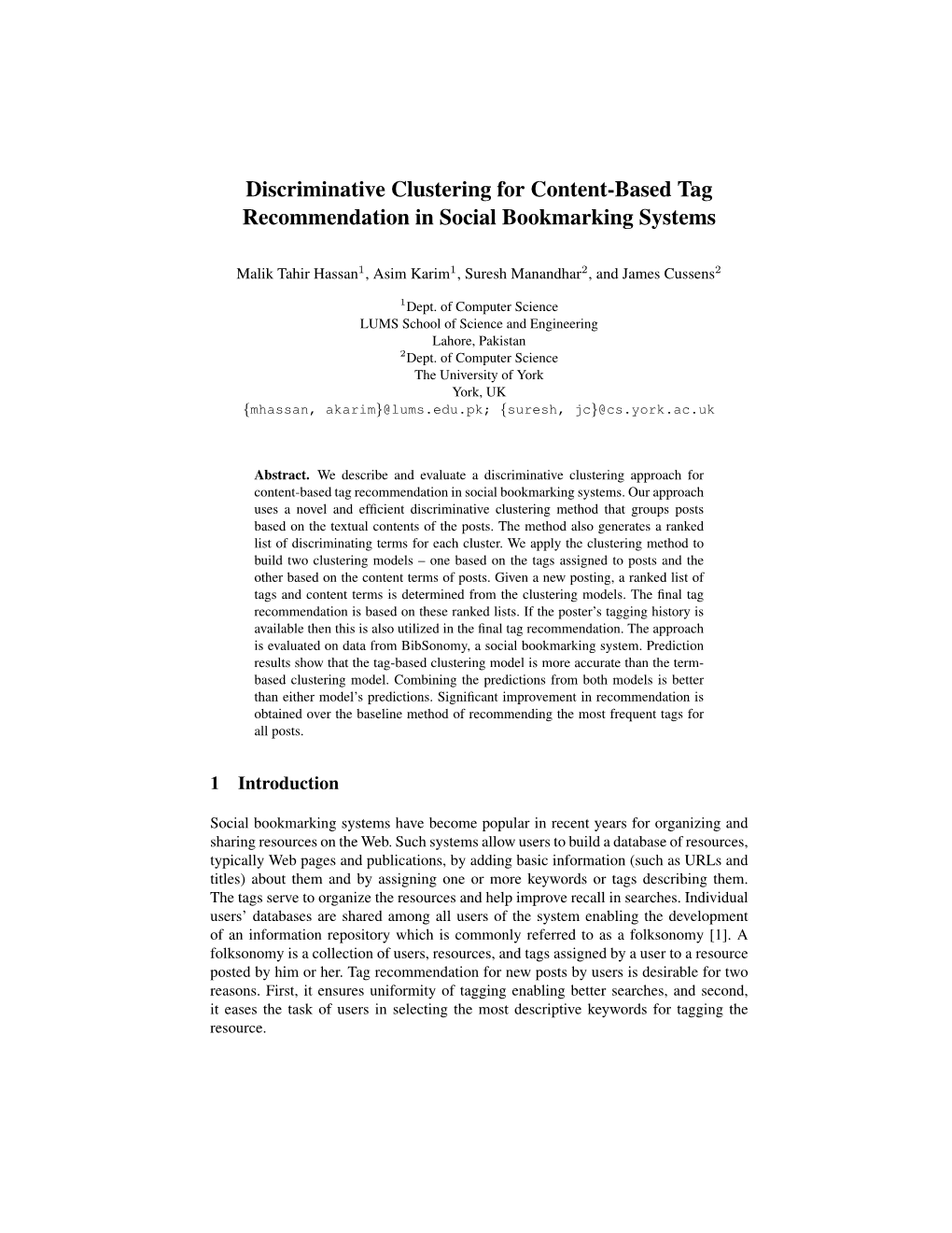 Discriminative Clustering for Content-Based Tag Recommendation in Social Bookmarking Systems