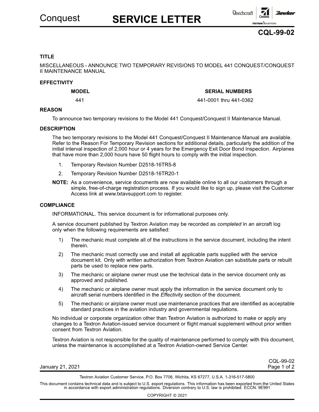 Service Letter Cql-99-02