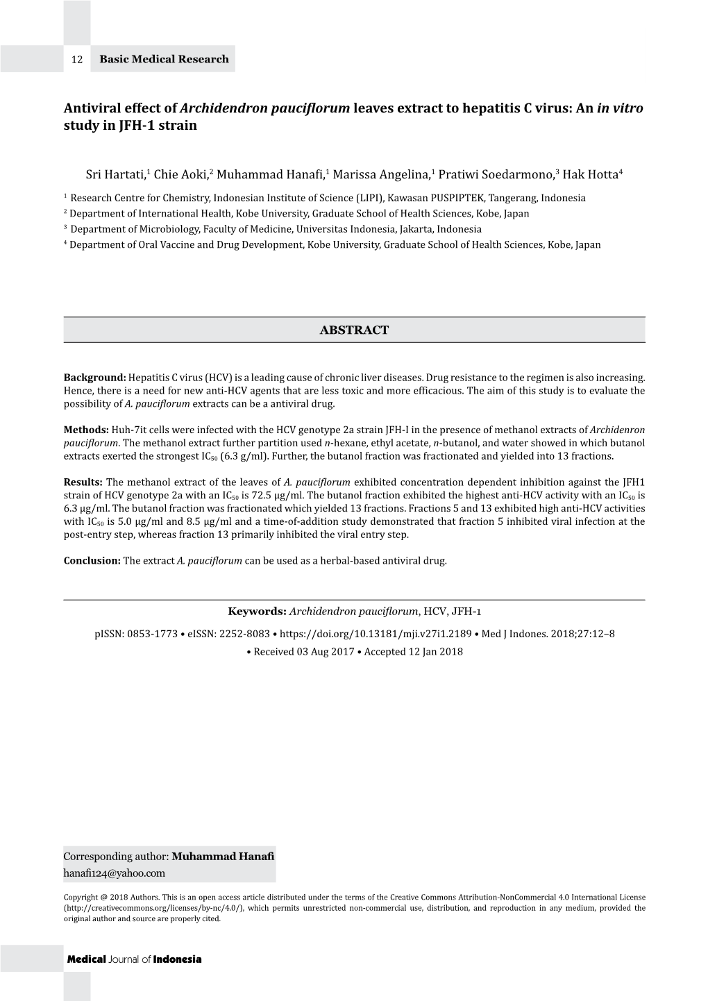 Antiviral Effect of Archidendron Pauciflorum Leaves Extract to Hepatitis C Virus: an in Vitro Study in JFH-1 Strain