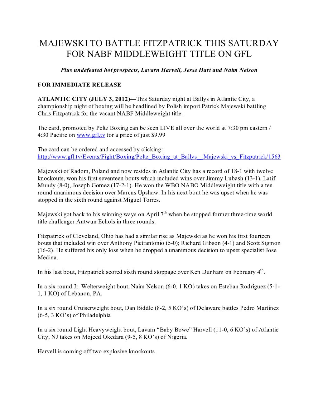 Majewski to Battle Fitzpatrick This Saturday for Nabf Middleweight Title on Gfl