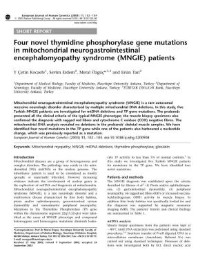 Four Novel Thymidine Phosphorylase Gene Mutations in Mitochondrial Neurogastrointestinal Encephalomyopathy Syndrome (MNGIE) Patients