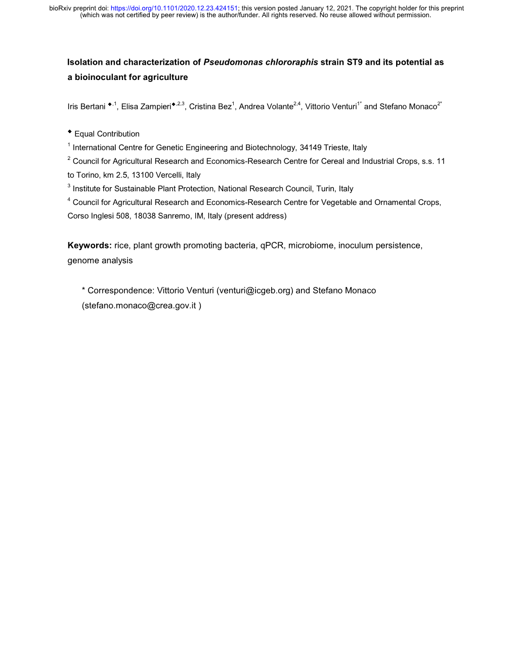 Isolation and Characterization of Pseudomonas Chlororaphis Strain ST9 and Its Potential As a Bioinoculant for Agriculture