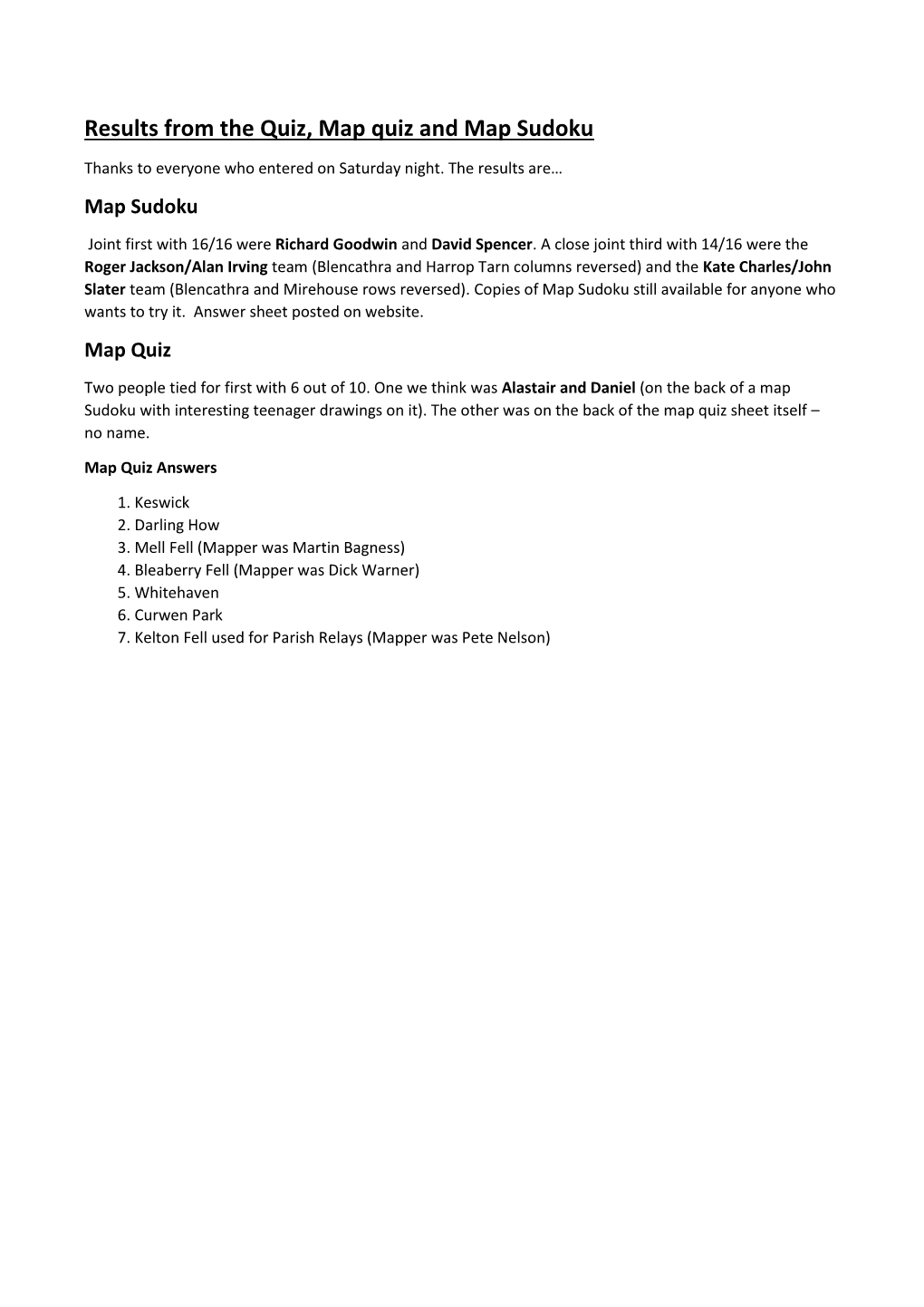 Results from the Quiz, Map Quiz and Map Sudoku