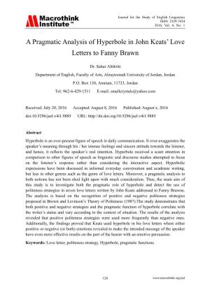 A Pragmatic Analysis of Hyperbole in John Keats‟ Love Letters to Fanny Brawn