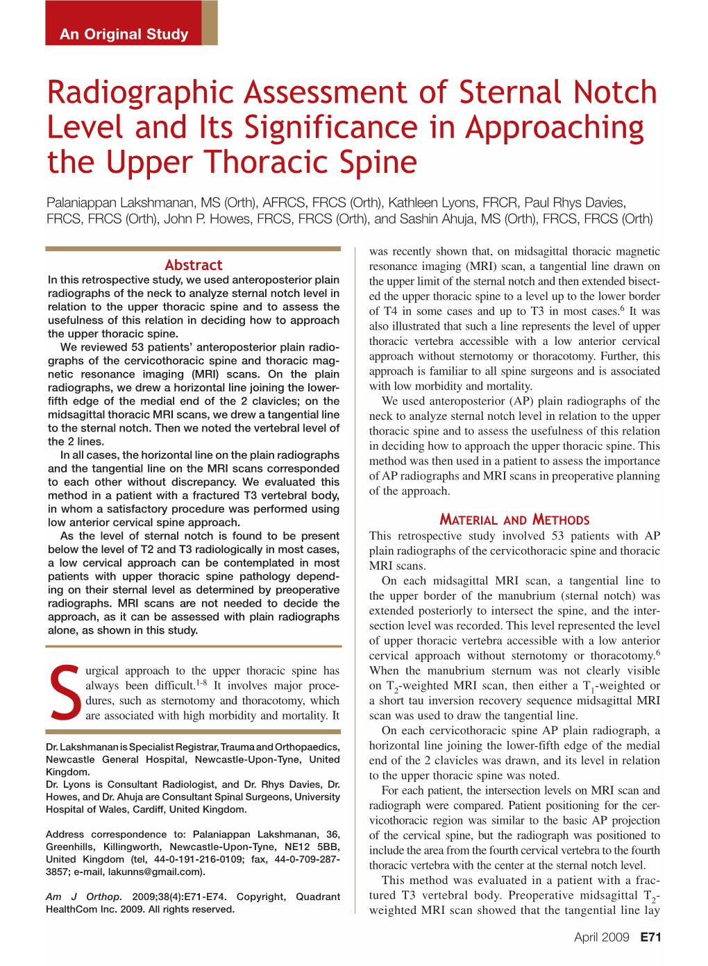 Radiographic Assessment of Sternal Notch Level and Its Significance in Approaching the Upper Thoracic Spine