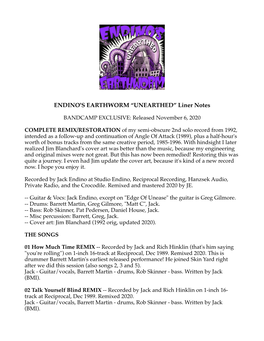 ENDINO's EARTHWORM “UNEARTHED” Liner Notes