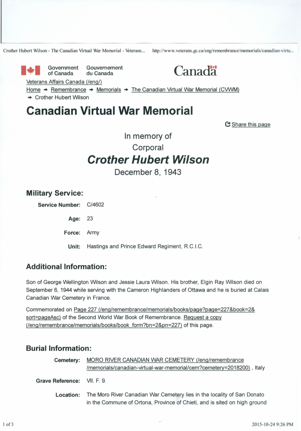 Crother Hubert Wilson - the Canadian Virtual War Memorial - Veterans