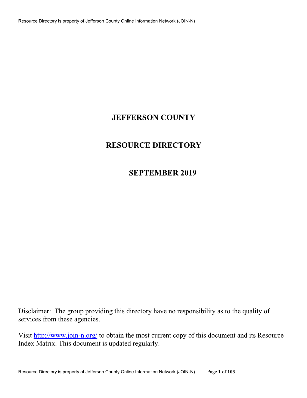 Jefferson County Resource Directory, Submit Changes Using This Form and Either Mail to JOIN-N, P.O