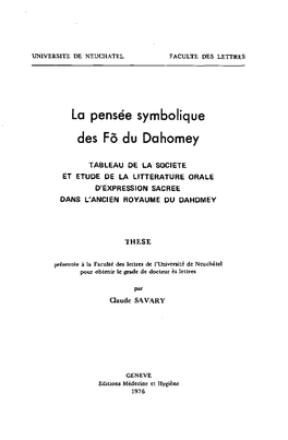 La Pensée Symbolique Des Fo Du Dahomey