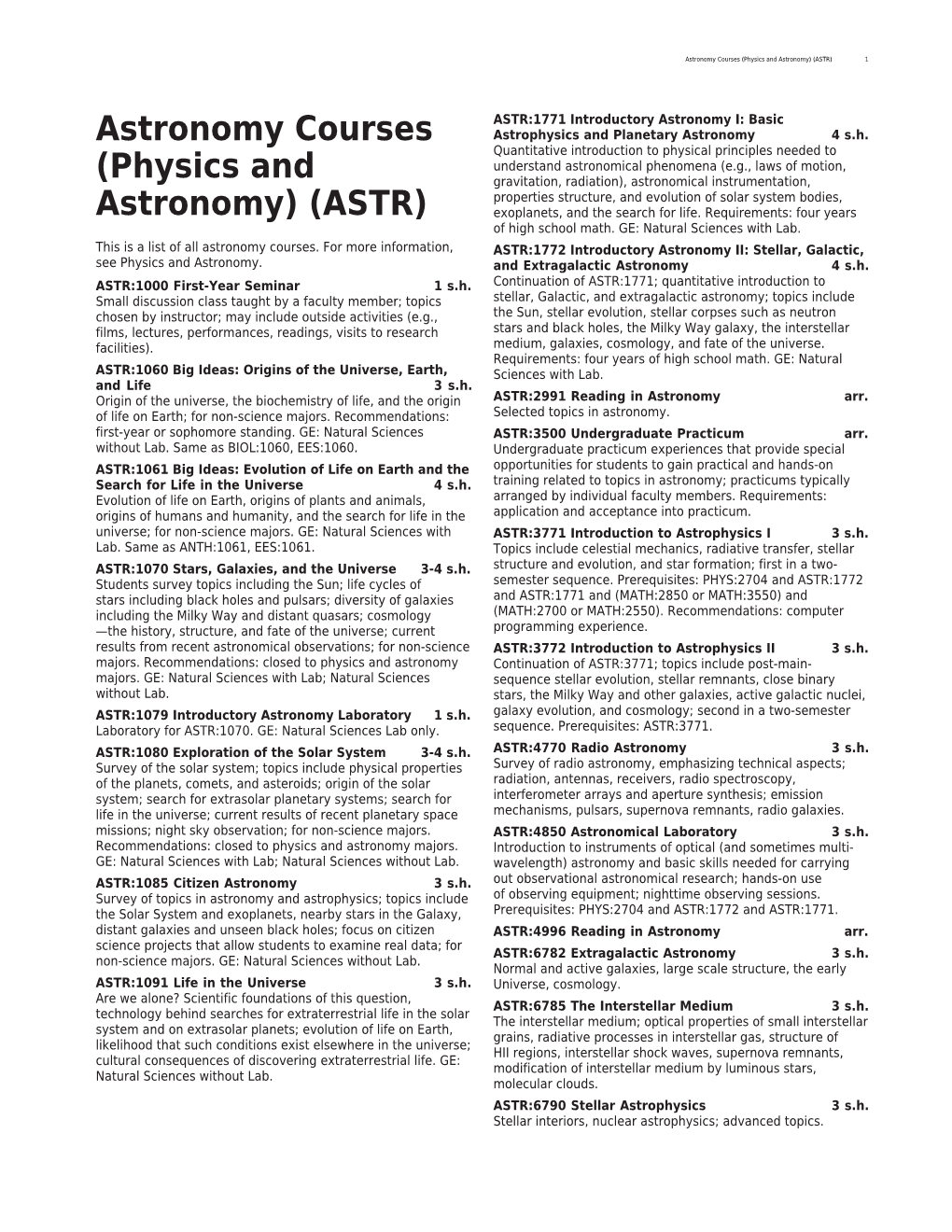 (Physics and Astronomy) (ASTR) 1