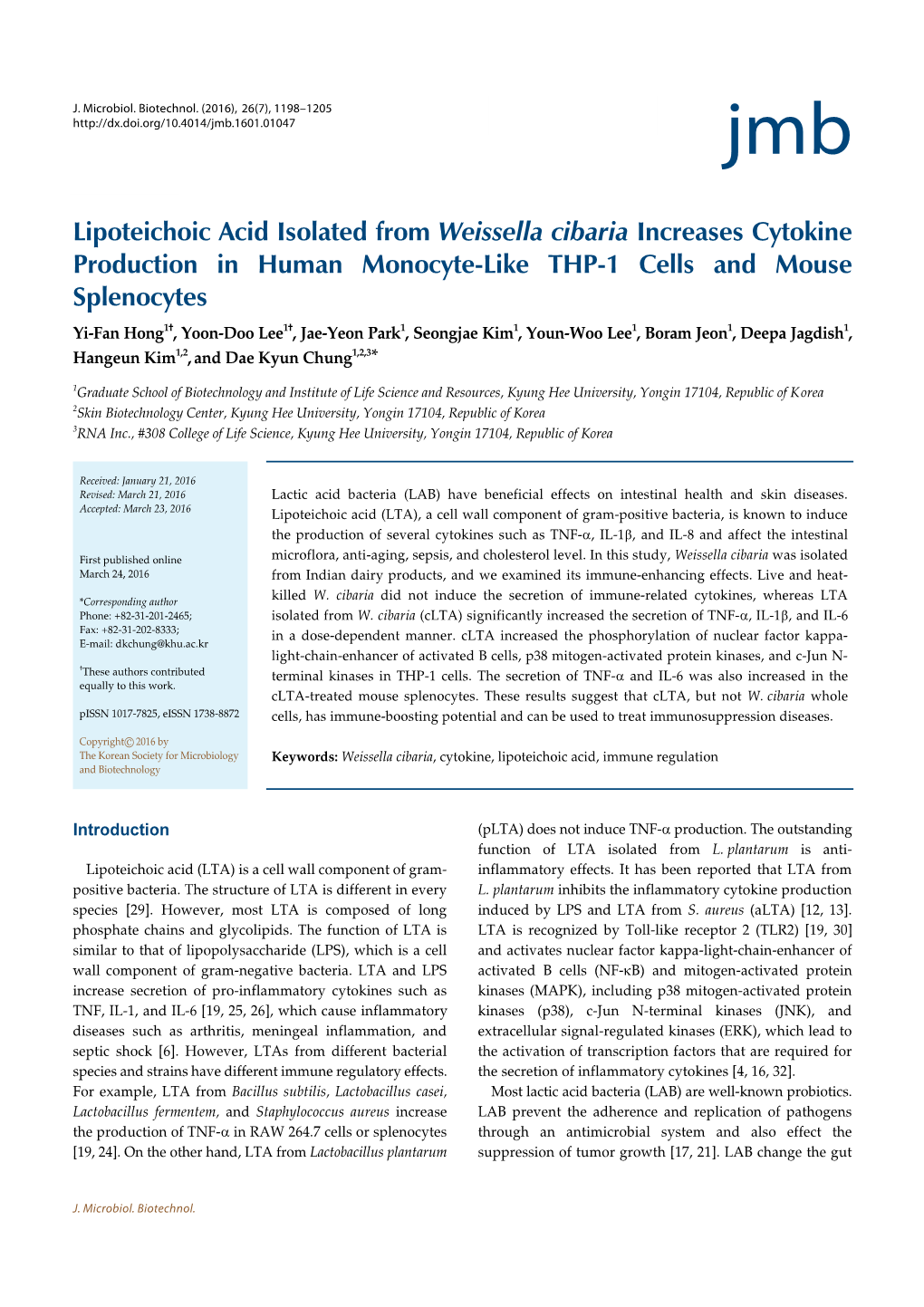 Lipoteichoic Acid Isolated from Weissella Cibaria Increases