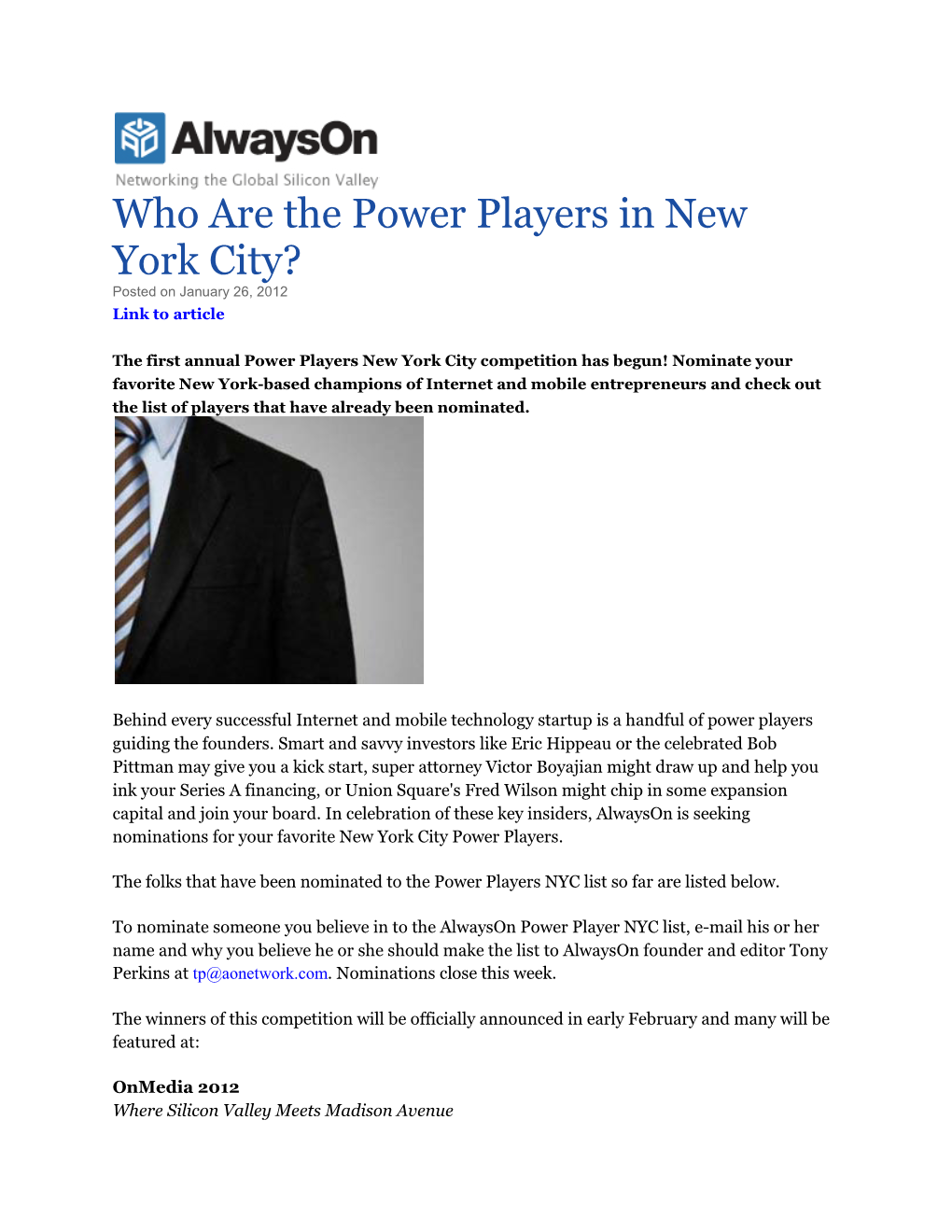 Who Are the Power Players in New York City? Posted on January 26, 2012 Link to Article