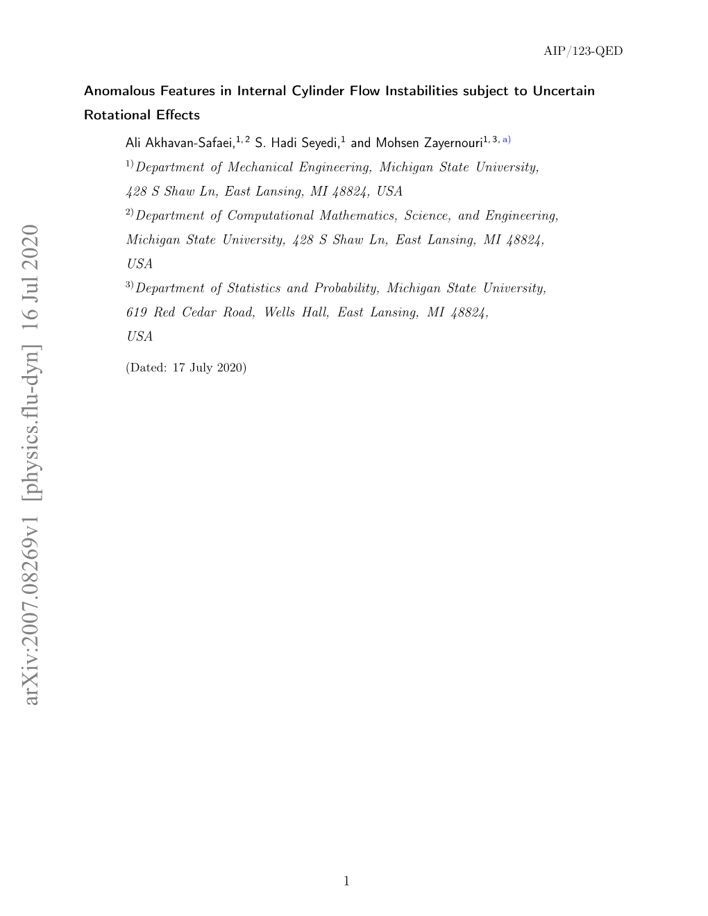 Arxiv:2007.08269V1 [Physics.Flu-Dyn] 16 Jul 2020