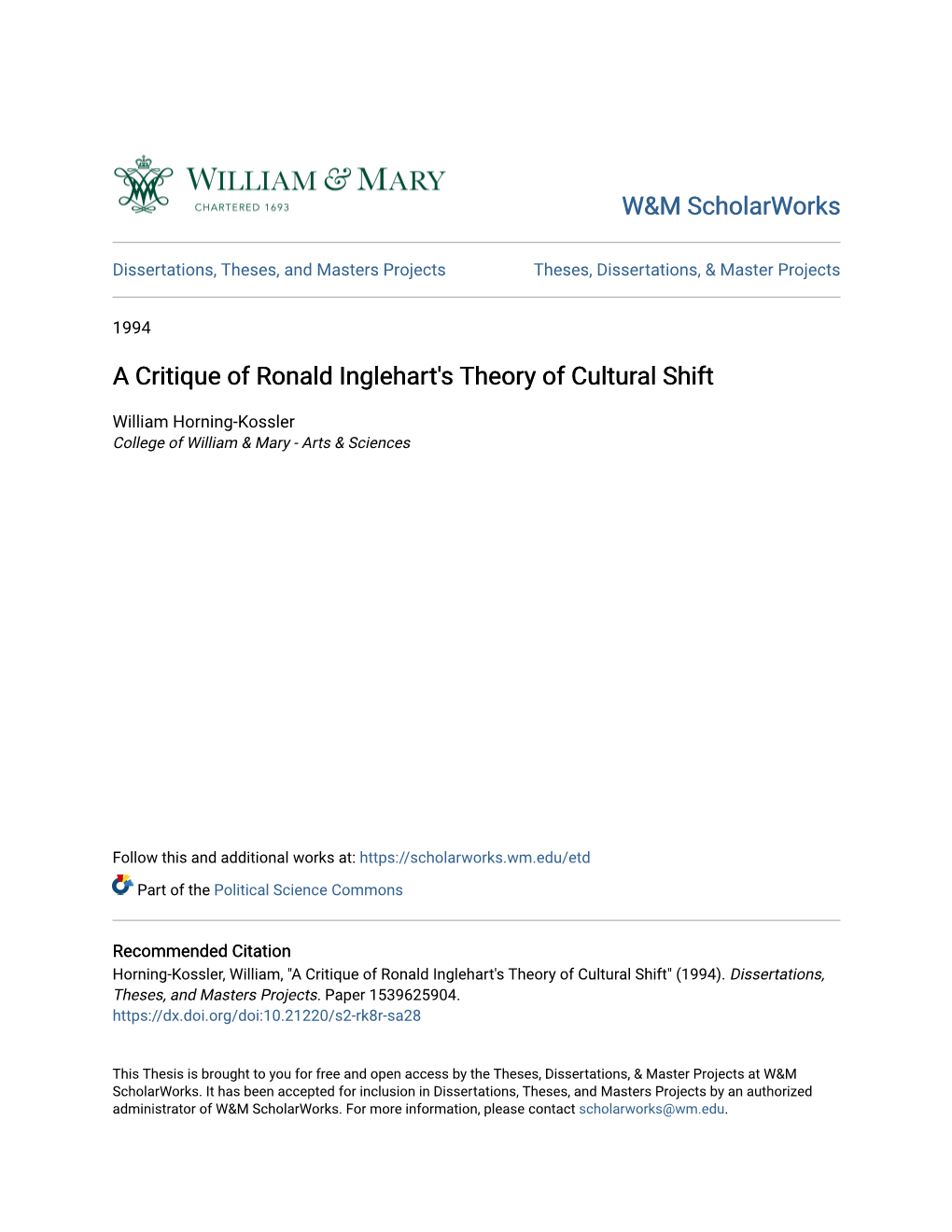 A Critique of Ronald Inglehart's Theory of Cultural Shift
