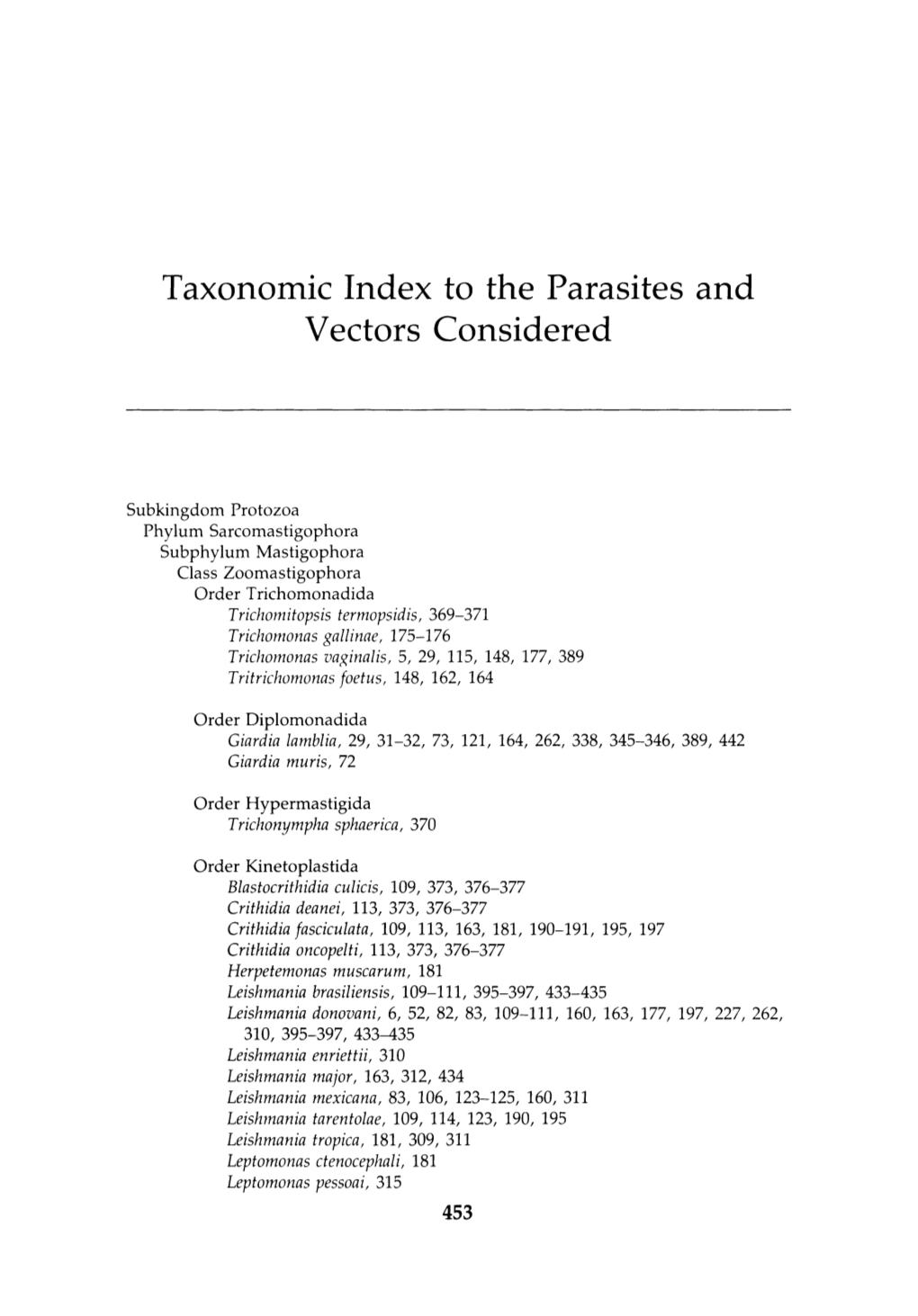 Taxonomic Index to the Parasites and Vectors Considered