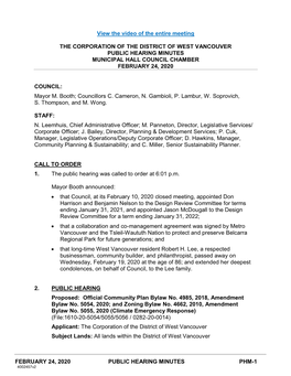 FEBRUARY 24, 2020 PUBLIC HEARING MINUTES PHM-1 View the Video of the Entire Meeting the CORPORATION of the DISTRICT of WEST