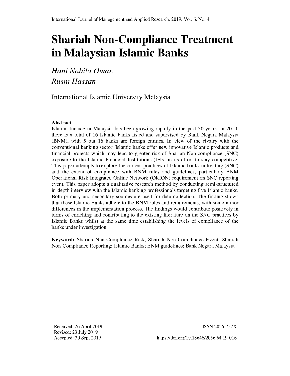 Shariah Non-Compliance Treatment in Malaysian Islamic Banks