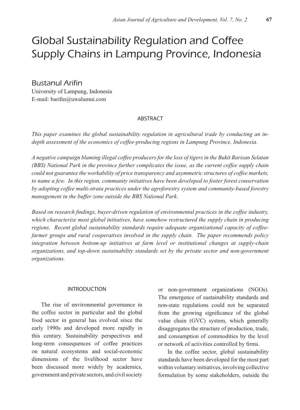 Global Sustainability Regulation and Coffee Supply Chains in Lampung Province, Indonesia