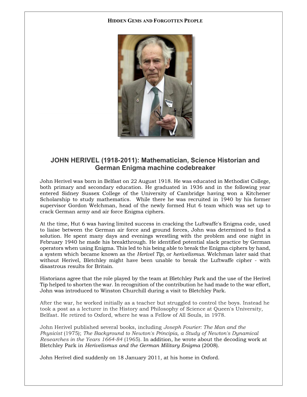 JOHN HERIVEL (1918-2011): Mathematician, Science Historian and German Enigma Machine Codebreaker
