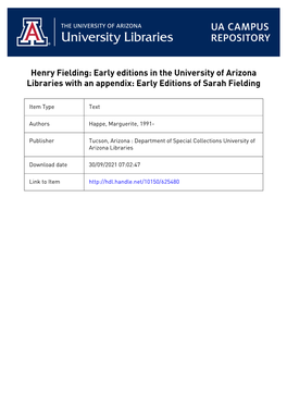 Henry Fielding: Early Editions in the University of Arizona Libraries with an Appendix: Early Editions of Sarah Fielding