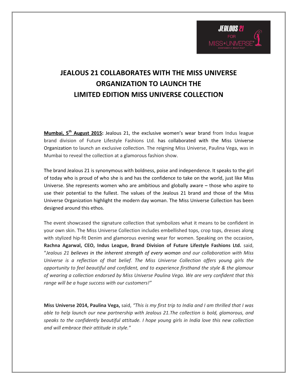 Jealous 21 Collaborates with the Miss Universe Organization to Launch the Limited Edition Miss Universe Collection