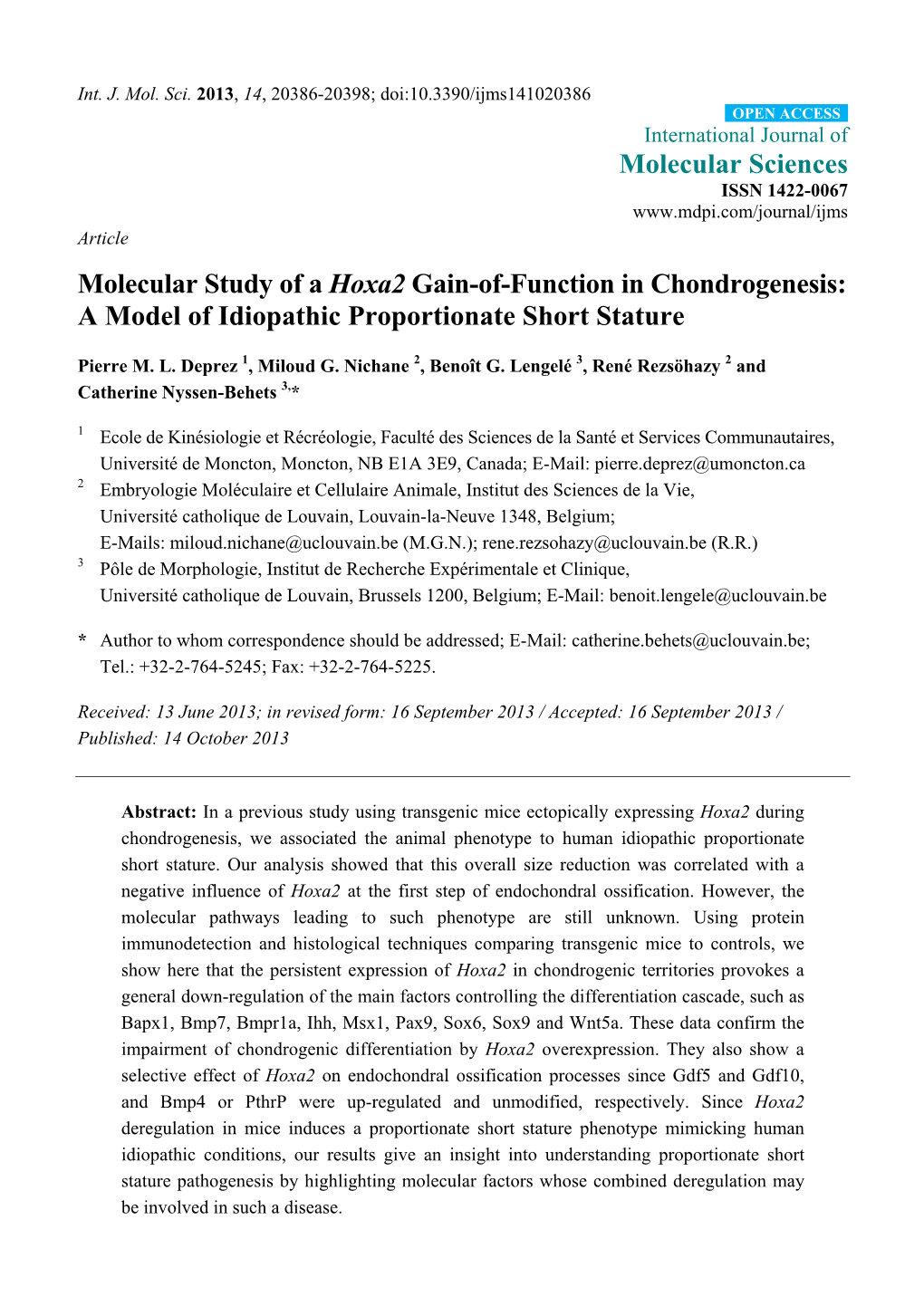 Molecular Study of a Hoxa2 Gain-Of-Function in Chondrogenesis: a Model of Idiopathic Proportionate Short Stature