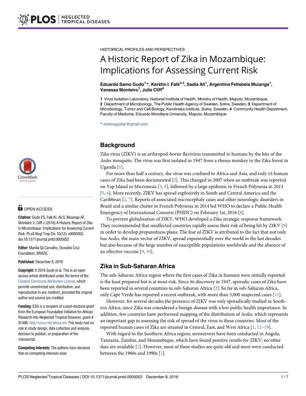 A Historic Report of Zika in Mozambique: Implications for Assessing Current Risk