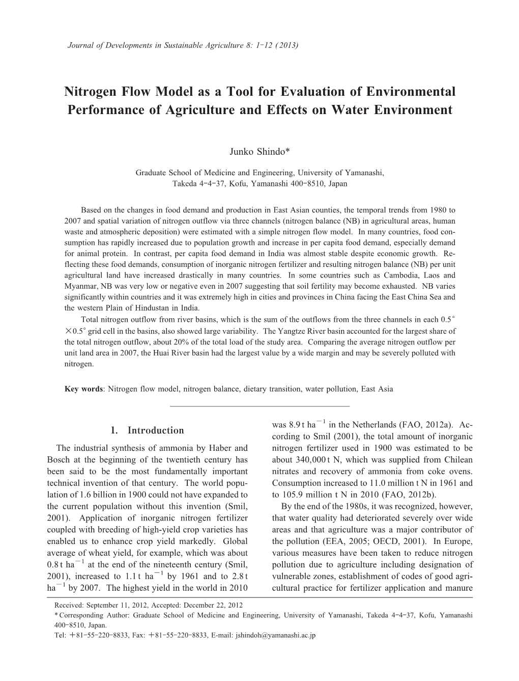 Nitrogen Flow Model As a Tool for Evaluation of Environmental Performance of Agriculture and Effects on Water Environment