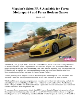 Meguiar's Scion FR-S Available for Forza Motorsport 4 and Forza Horizon Games