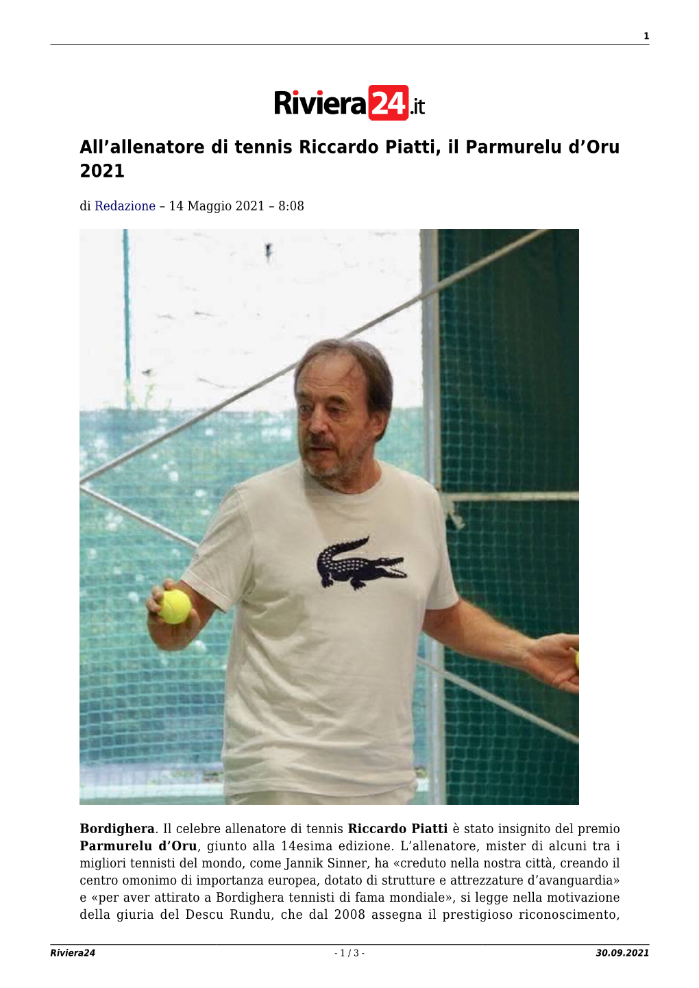 All'allenatore Di Tennis Riccardo Piatti, Il Parmurelu D'oru 2021