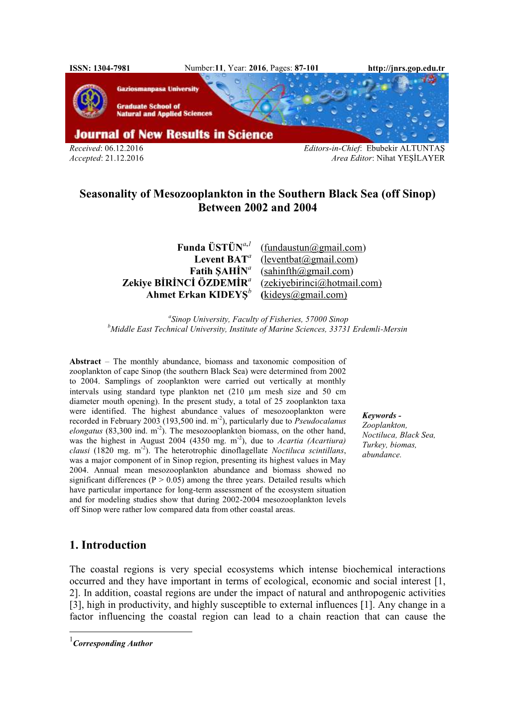 Seasonality of Mesozooplankton in the Southern Black Sea (Off Sinop) Between 2002 and 2004