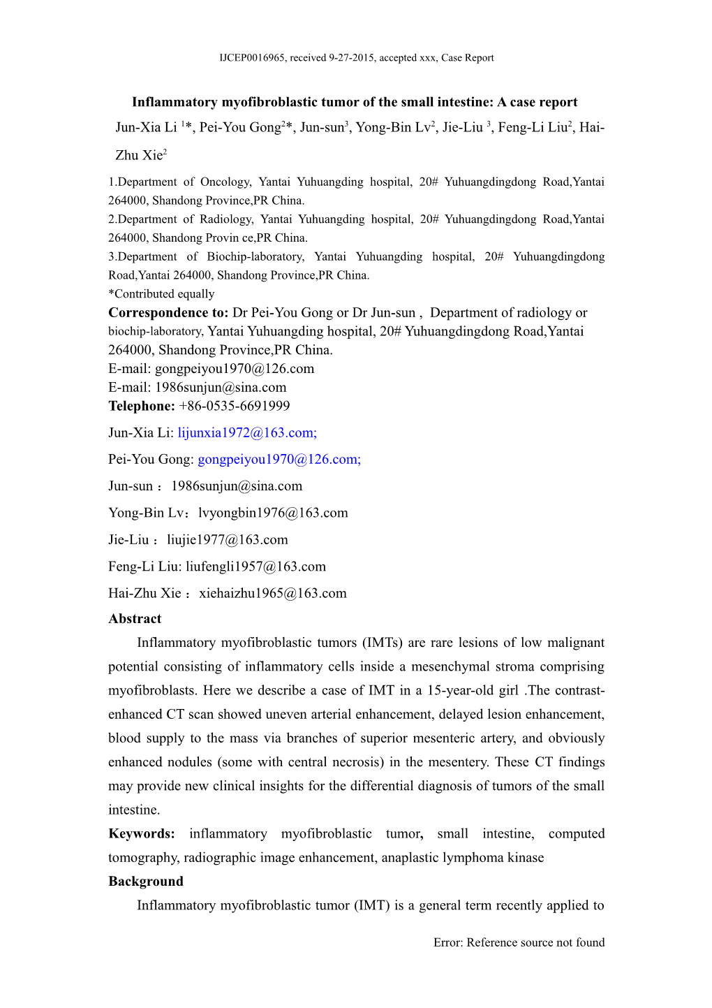 Inflammatory Myofibroblastic Tumor of the Small Intestine: a Case Report