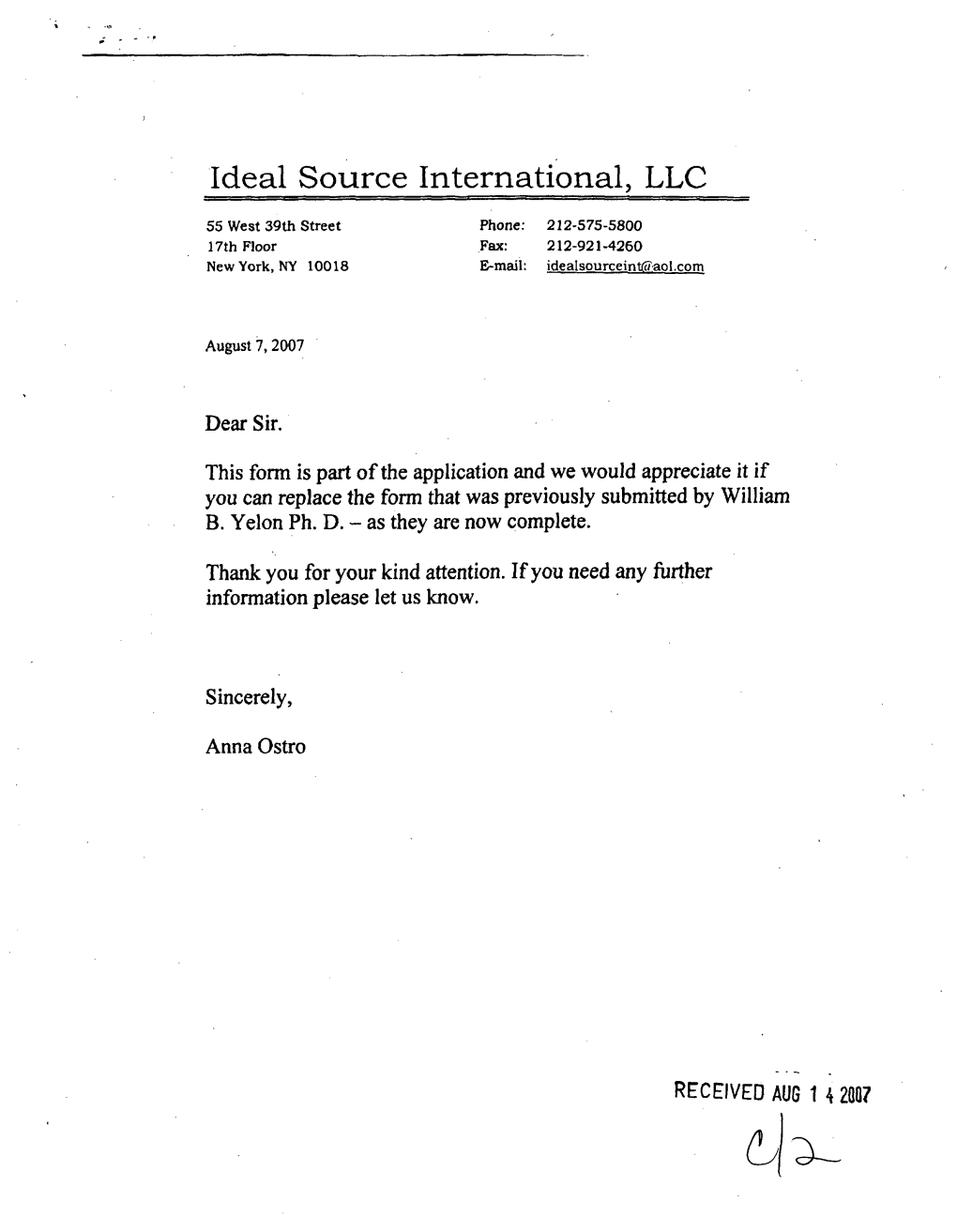 Letter from Anna Ostro, Ideal Source International, RE: License