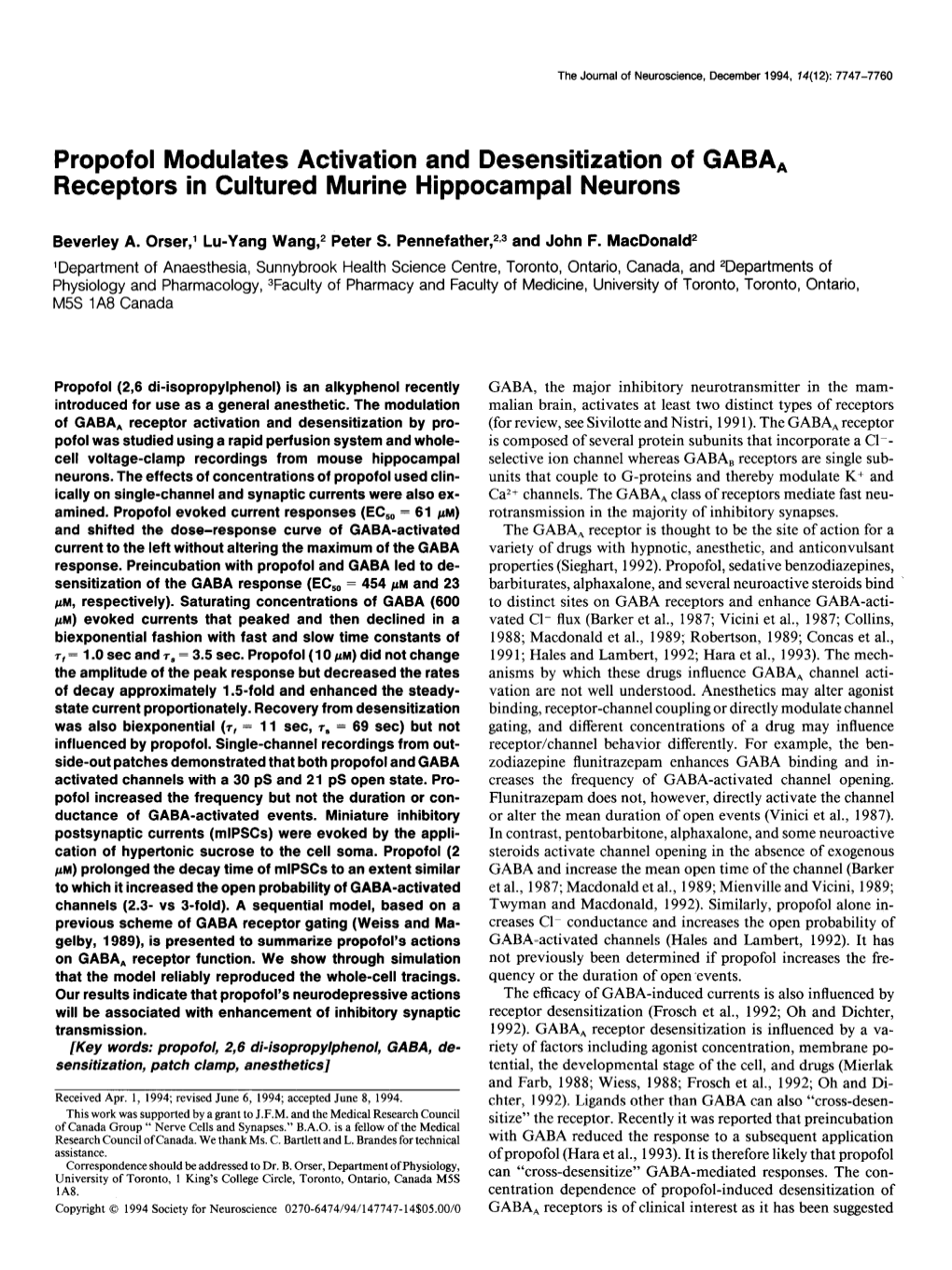 Propofol Modulates Activation and Desensitization of GABA, Receptors in Cultured Murine Hippocampal Neurons