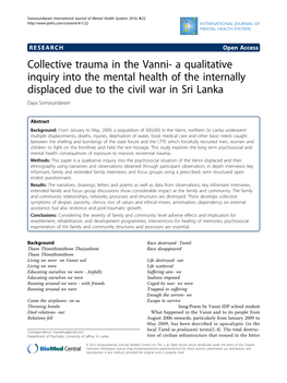 Collective Trauma in the Vanni- a Qualitative Inquiry Into the Mental Health of the Internally Displaced Due to the Civil War in Sri Lanka Daya Somasundaram