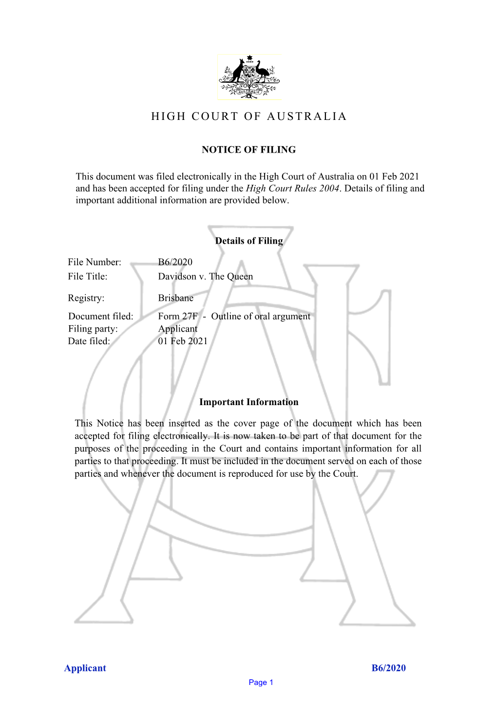 Outline of Oral Argument Filingfiling Party:Party: Applicant Dadatete Ffiled:Iled: 01 Feb 2021