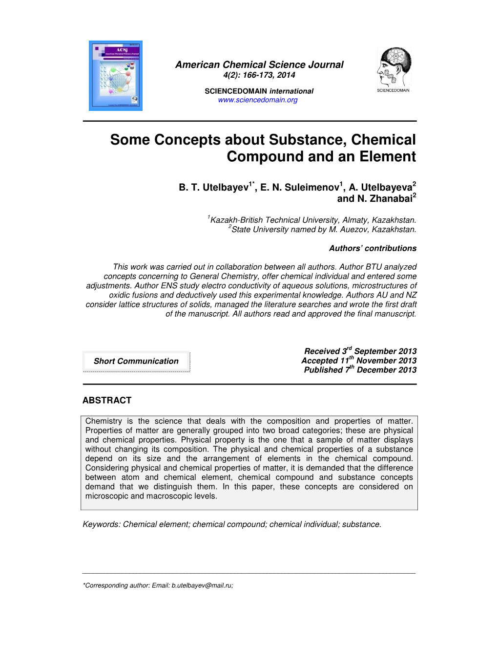 Some Concepts About Substance, Chemical Compound and an Element