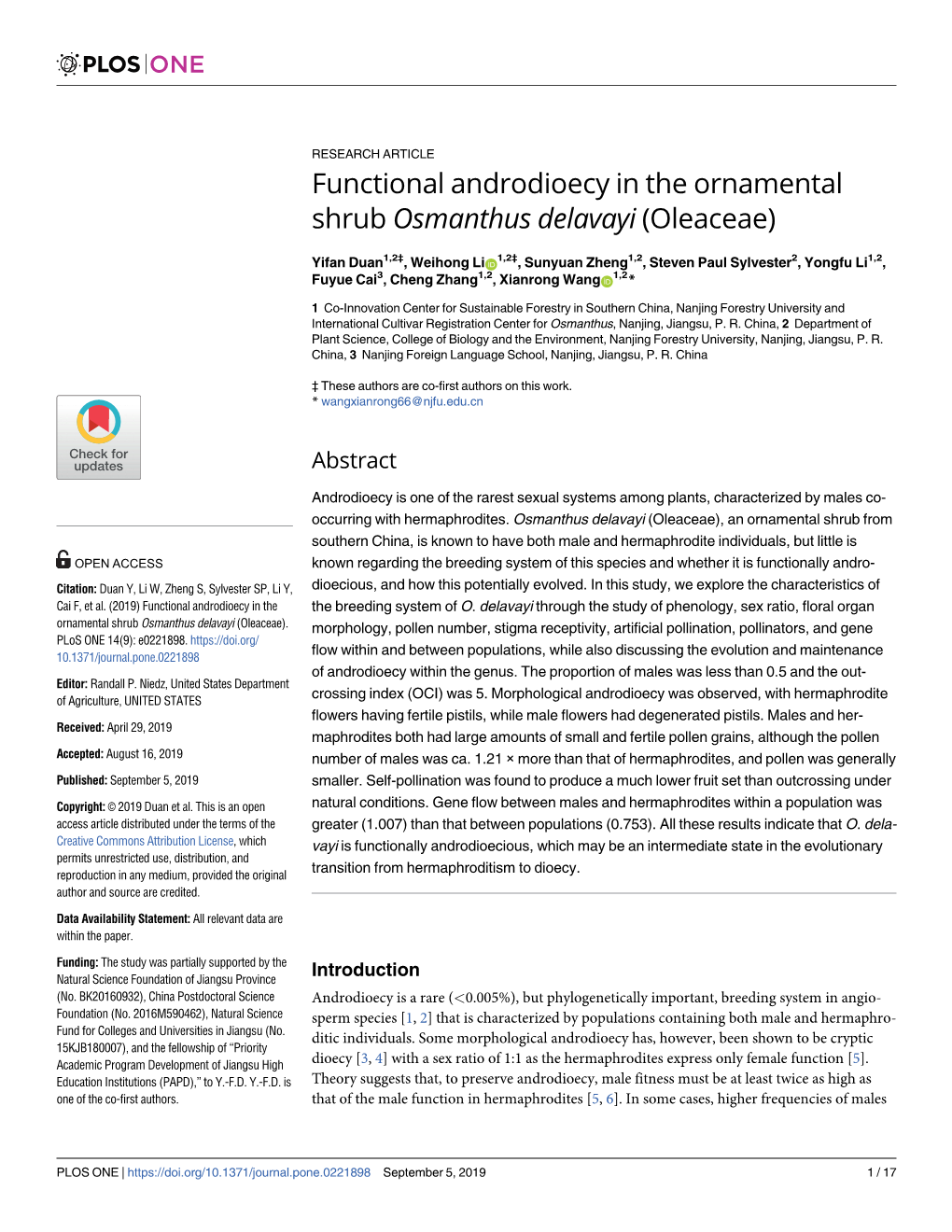 Functional Androdioecy in the Ornamental Shrub Osmanthus Delavayi (Oleaceae)