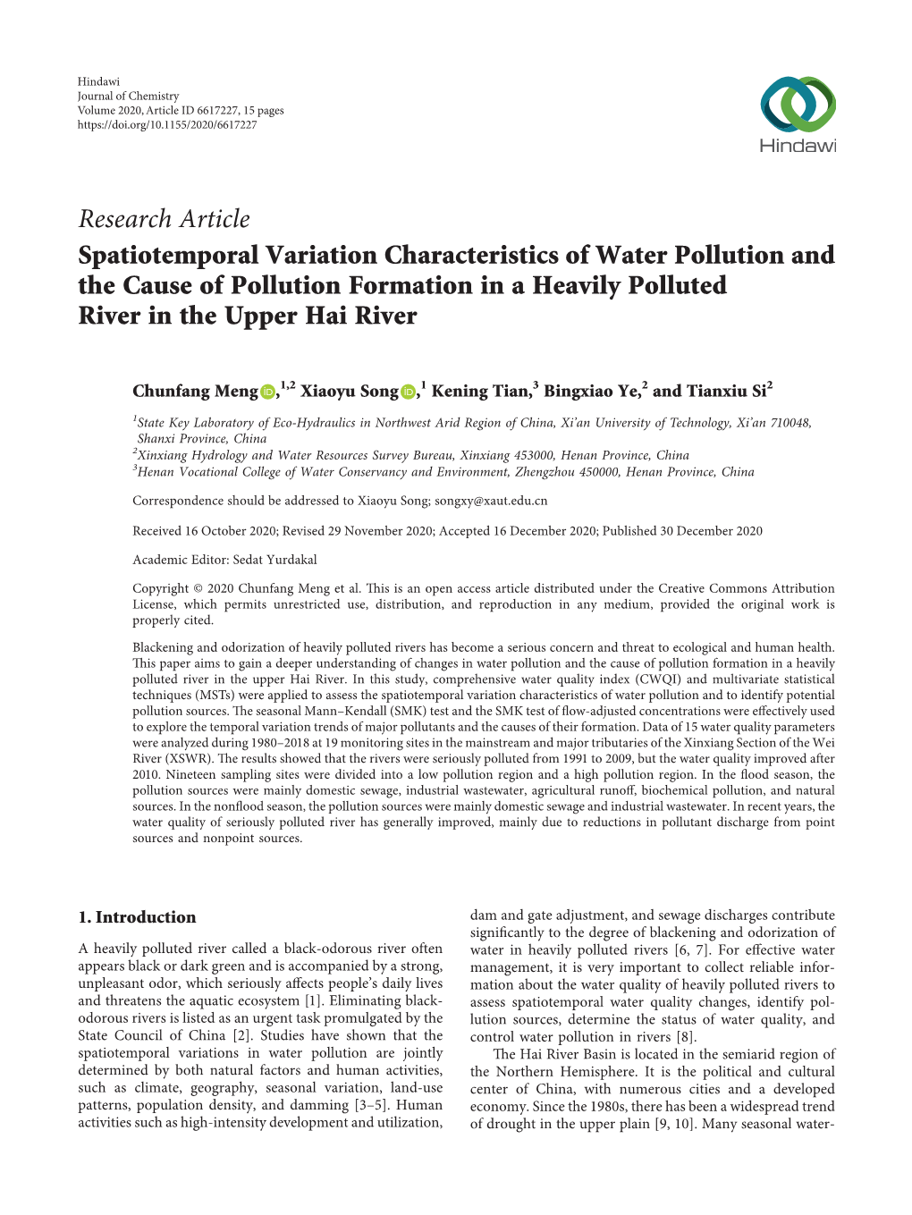 Spatiotemporal Variation Characteristics of Water Pollution and the Cause of Pollution Formation in a Heavily Polluted River in the Upper Hai River