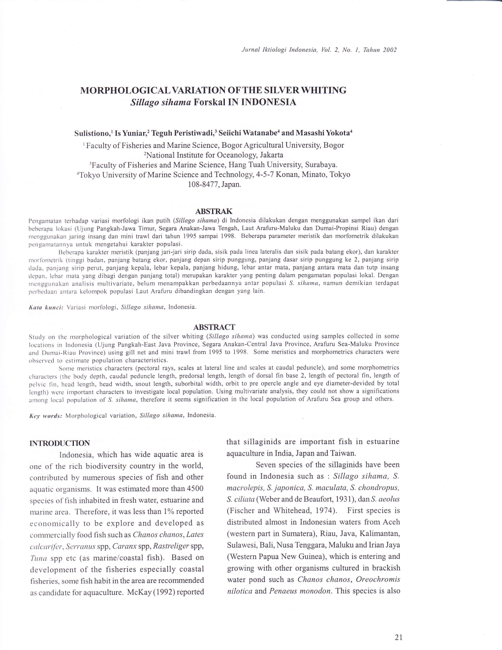 MORPHOLOGICAL VARIATION of the SILVER WHITING Sillago Sihama Forskal in INDONESIA