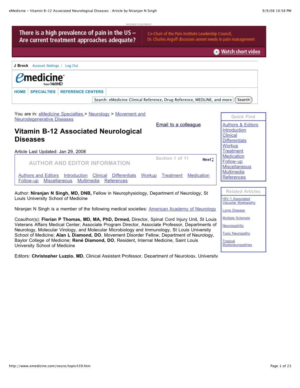 Emedicine - Vitamin B-12 Associated Neurological Diseases : Article by Niranjan N Singh 9/9/08 10:58 PM