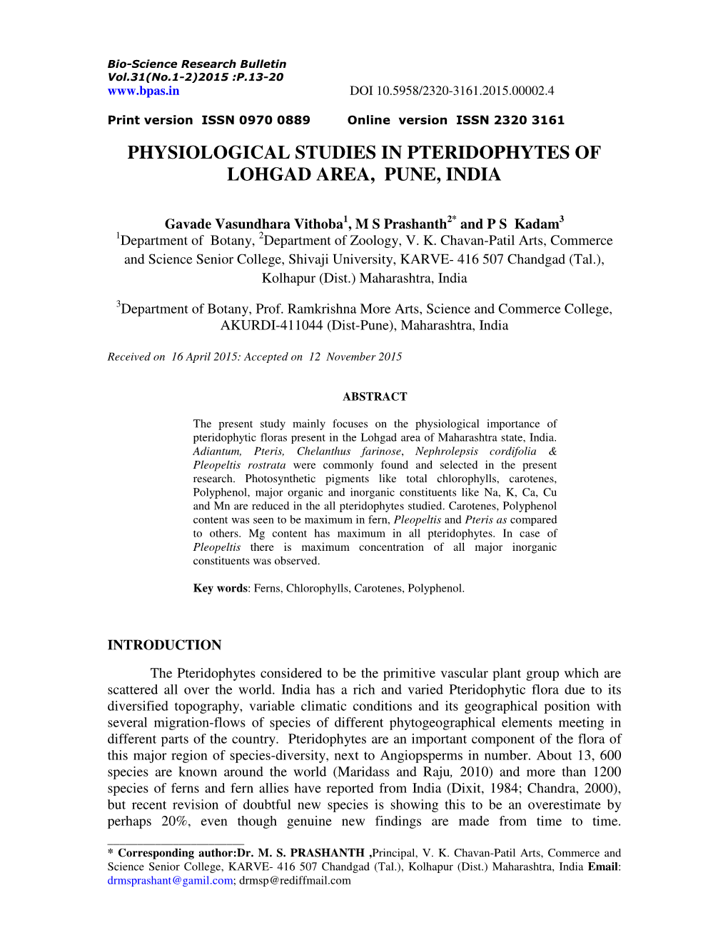 Physiological Studies in Pteridophytes of Lohgad Area, Pune, India