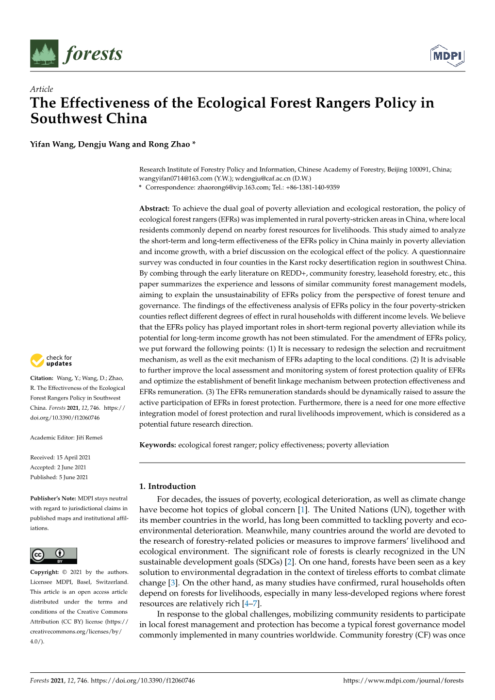 The Effectiveness of the Ecological Forest Rangers Policy in Southwest China