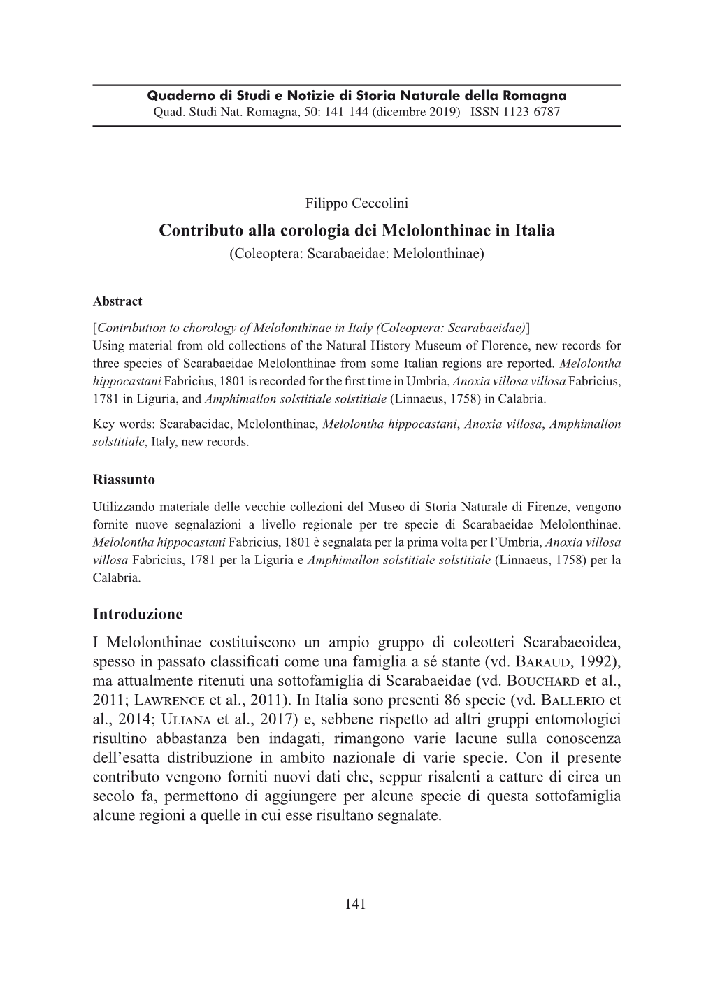 Contributo Alla Corologia Dei Melolonthinae in Italia (Coleoptera: Scarabaeidae: Melolonthinae)