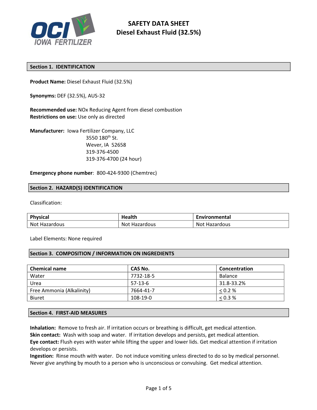 SAFETY DATA SHEET Diesel Exhaust Fluid (32.5%)